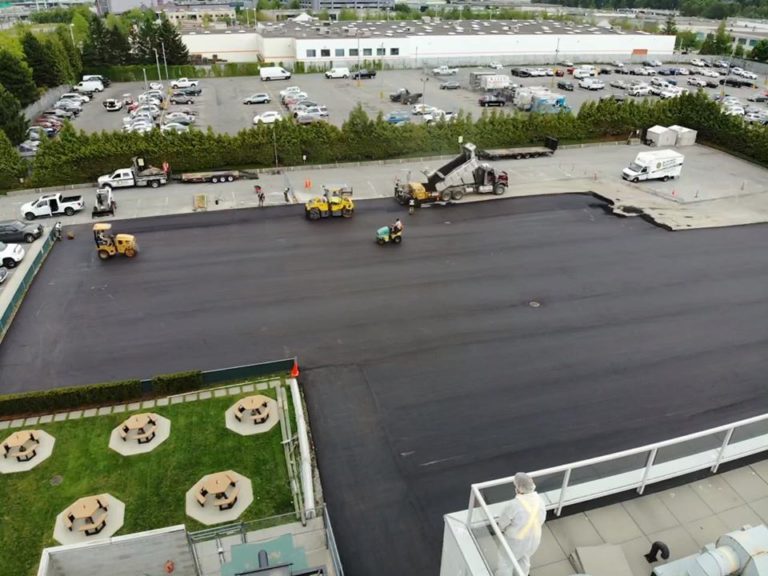 drone shot of Burnaby Blacktop team working on a parking lot
