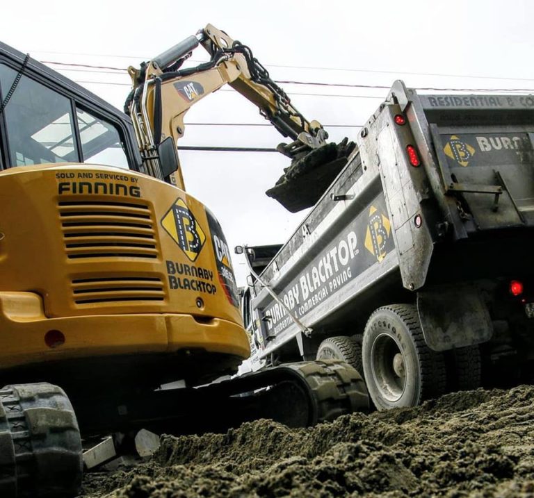 an excavator and a dump truck