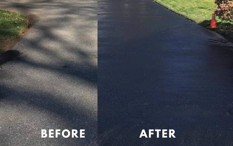 before and after example of sealcoating a driveway in port coquitlam